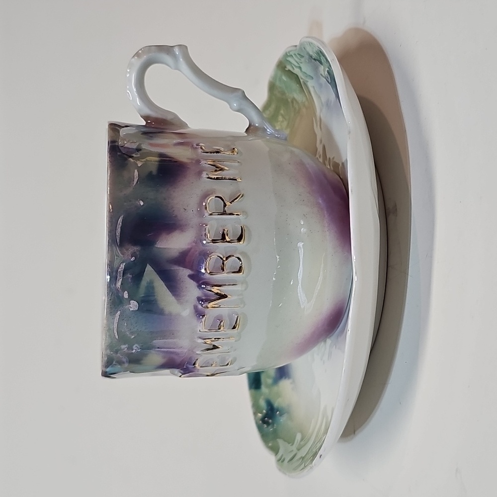 Antique Three Crown China "REMEMBER ME" Friendship Mustache Cup w/ Saucer